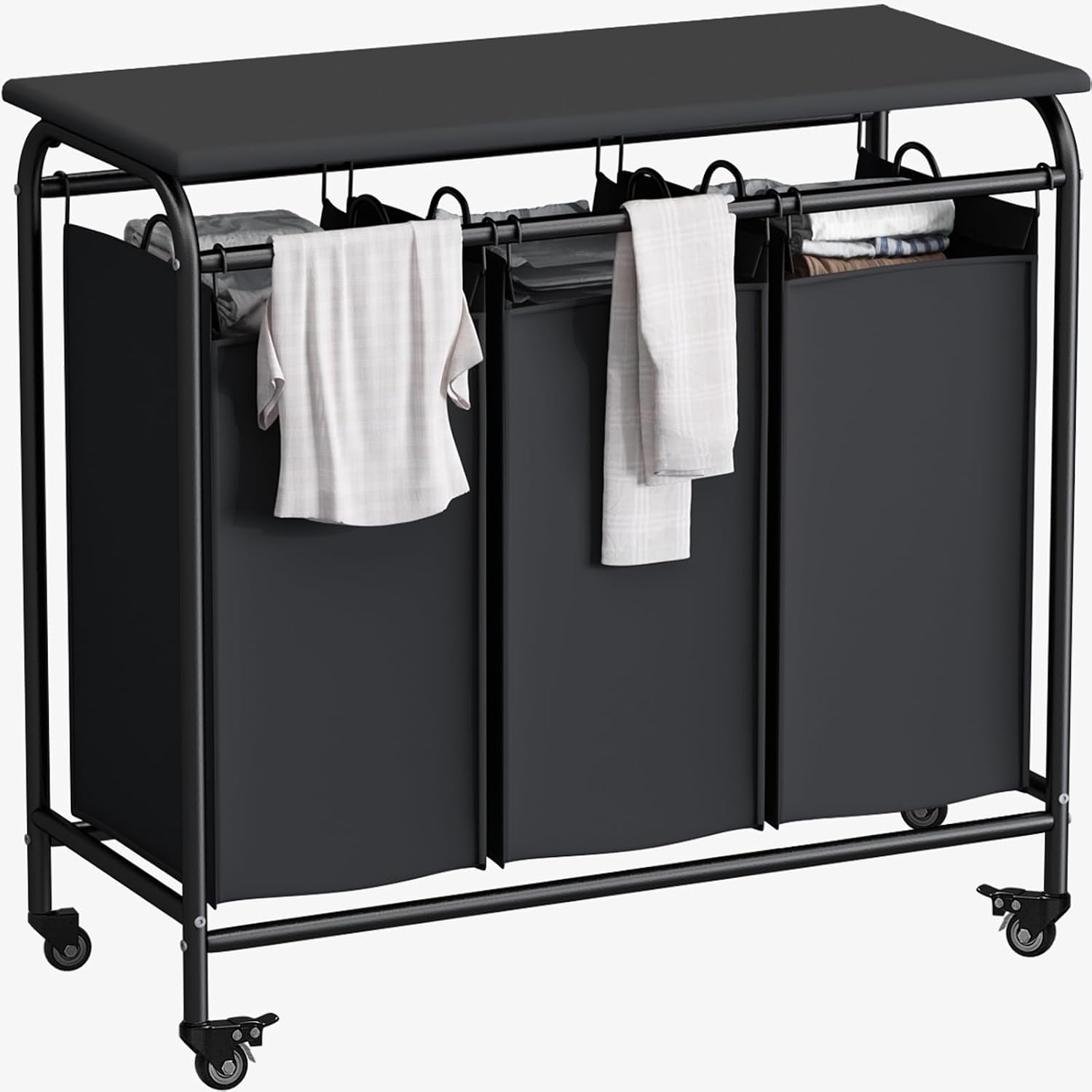 3-Bag Laundry Hamper with Ironing Board, Black 135L Laundry Sorter | Laundry Room Organization with Heavy Duty