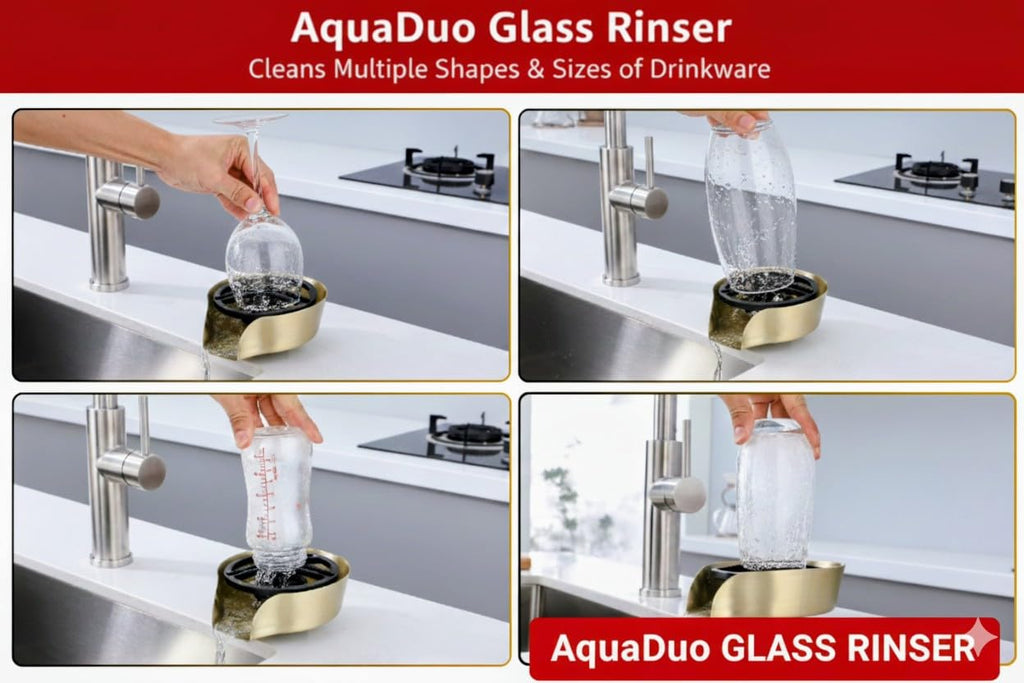 AquaDuo Glass Rinser and Kitchen Sink Sprayer Combo, Stainless Steel Cup Washer, Cup Cleaner for Sink, Bar Glass