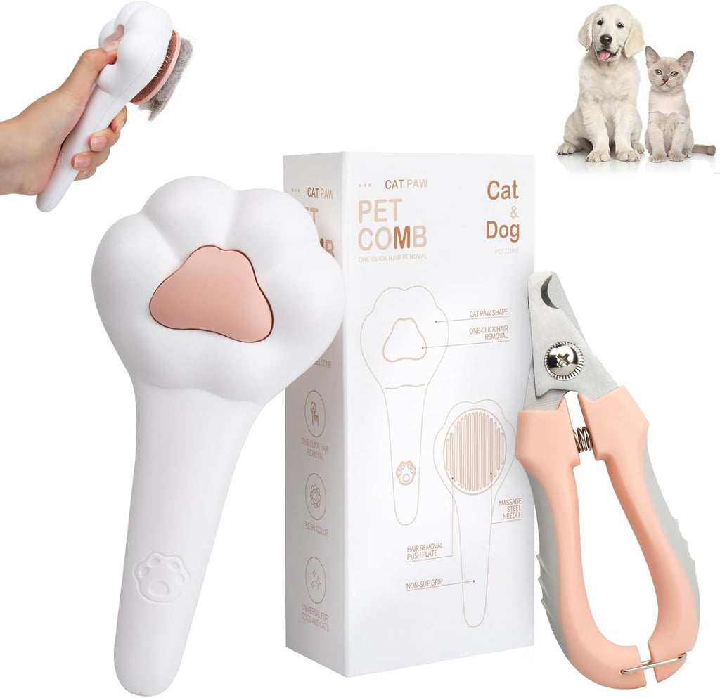 Self-Cleaning Cat Brush for Shedding with Cat Nail Clipper 2-Piece Set for Pets That Shed a Lot or Have Overgrown
