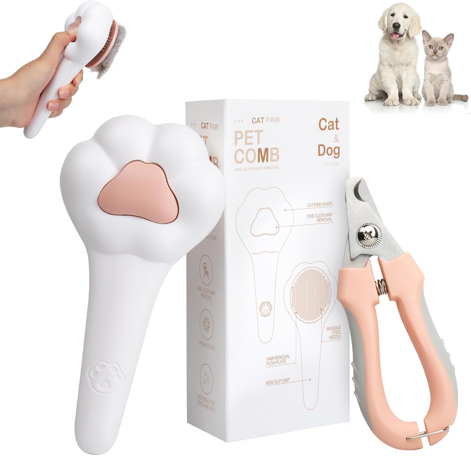 Self-Cleaning Cat Brush for Shedding with Cat Nail Clipper 2-Piece Set for Pets That Shed a Lot or Have Overgrown