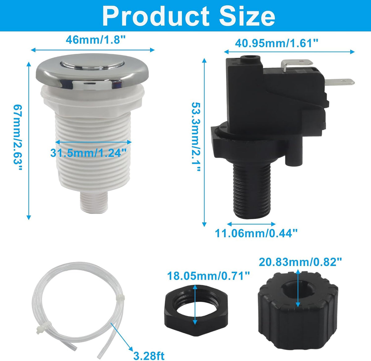 Hot Tub Air Switch Kit, Polished Chrome Button with 1M Hose