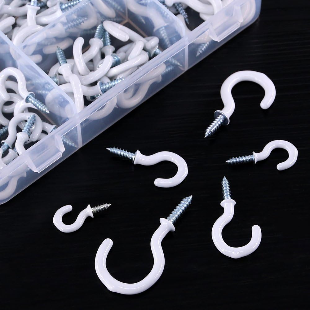 100Pcs White Cup Hooks Assortment Kit, Vinyl Coated Ceiling & Wall Hooks Holder for Home, Office & Workplace - 1/2"