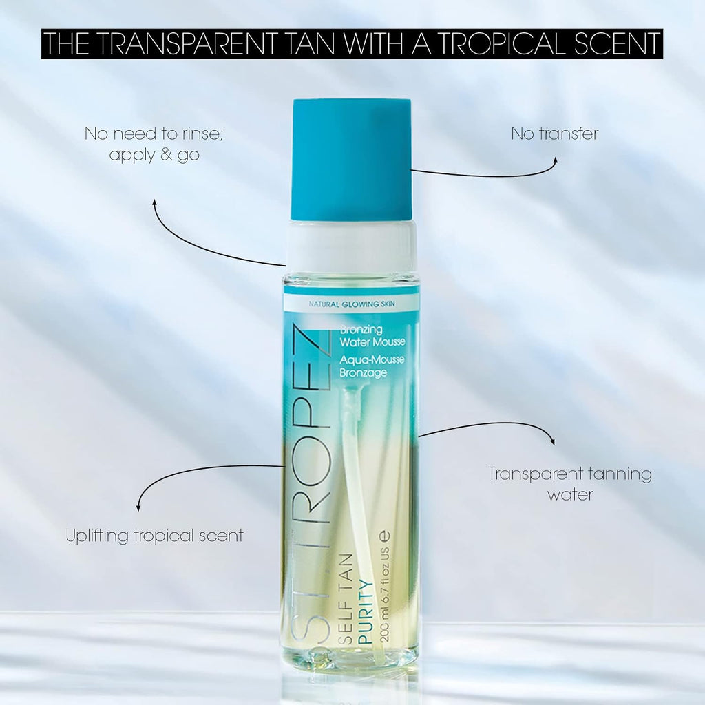 Self Tan Purity Bronzing Water, Clear Tanning Water Foam, Streak-Free Finish, Develops in 4-8 Hours, Vegan, Natural &