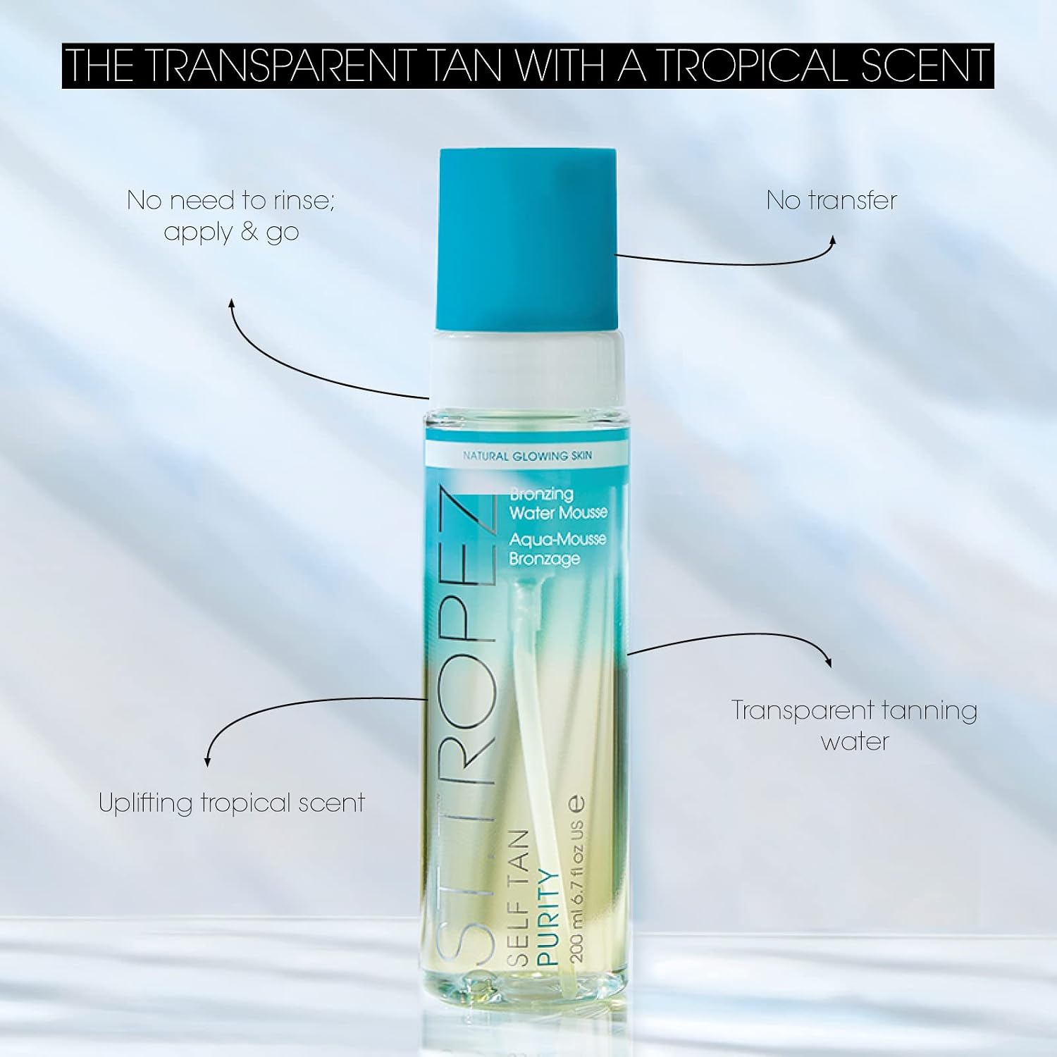 Self Tan Purity Bronzing Water, Clear Tanning Water Foam, Streak-Free Finish, Develops in 4-8 Hours, Vegan, Natural &
