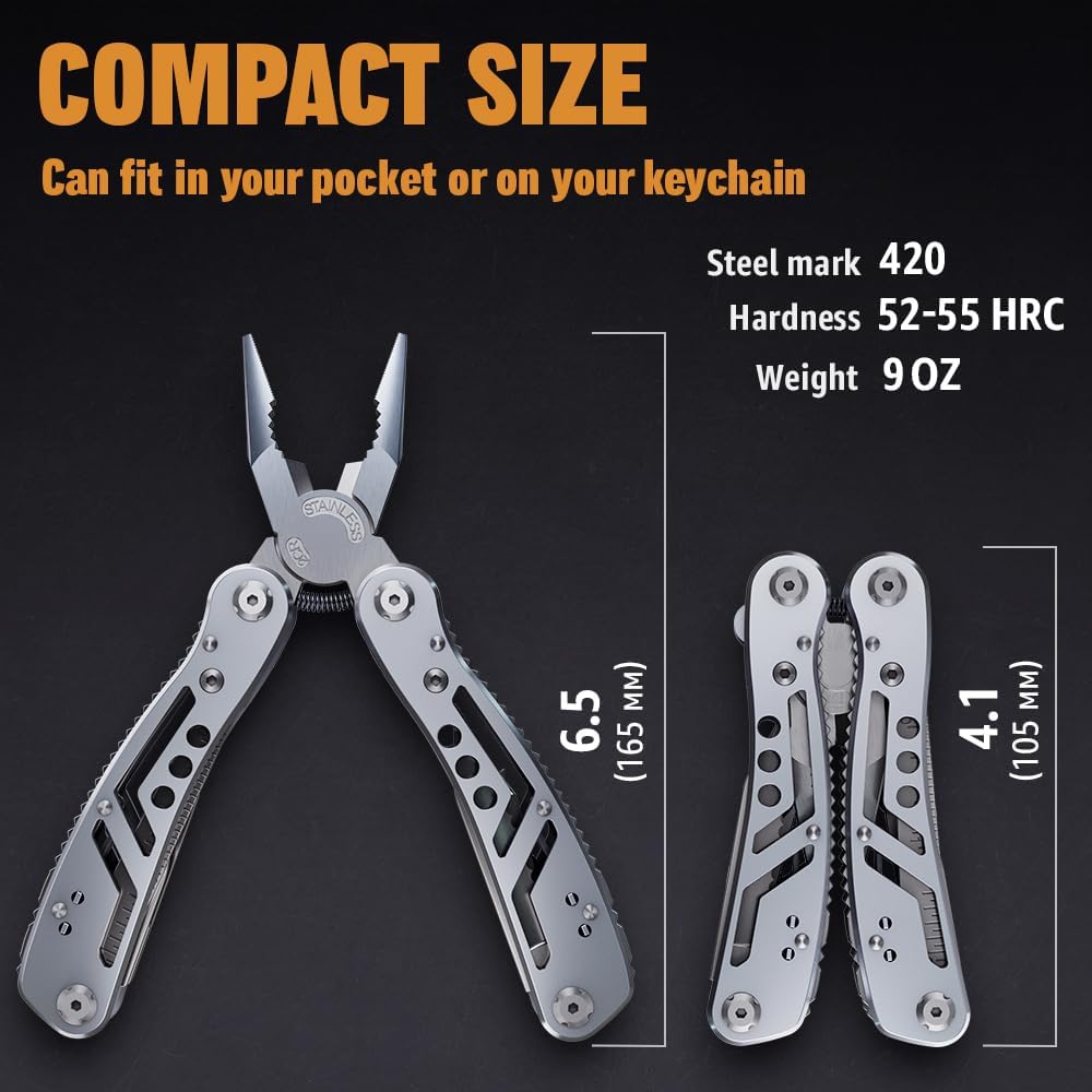 24-in-1 Multitool with Knife, Pliers & 11 Bits Sharp Stainless Steel - Multi Tool for Men - Ideal Gear with Tools for