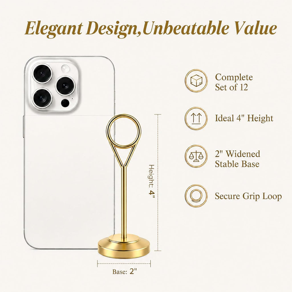 12 Pcs Gold Table Number Holders, 4 Inch Tall Place Card Holders for Table, Sturdy Photo Picture Holders with