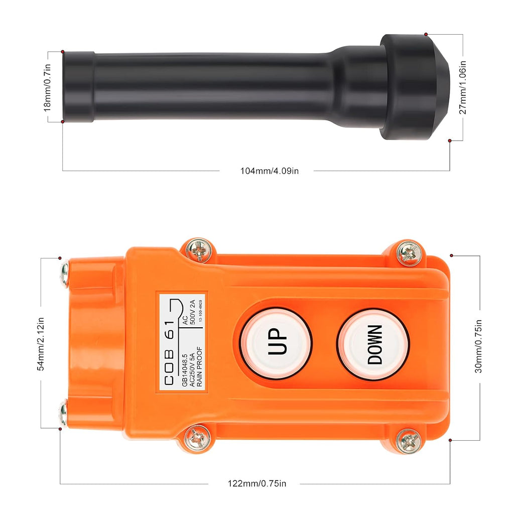 2Pcs Rainproof Crane Push Button Switch, COB61-UP-DOWN Crane Pendant Control Station Push Button Switch with Rubber Cable Barrel