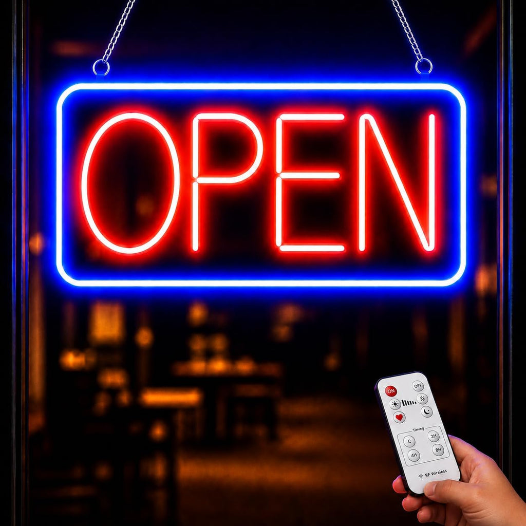 Neon Open Sign for Business, 17 x 9 Inch USB Powered LED Open Sign, with Remote Control and Countdown Timer Neon Open