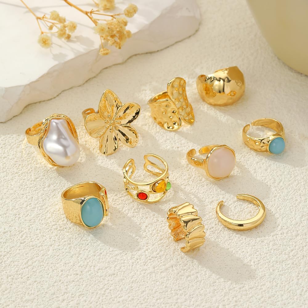 Chunky Gold Rings for Women Non Tarnish, Baroque Pearl Flower Tiger's Eye Stone Rings Adjustable Stacking Statement