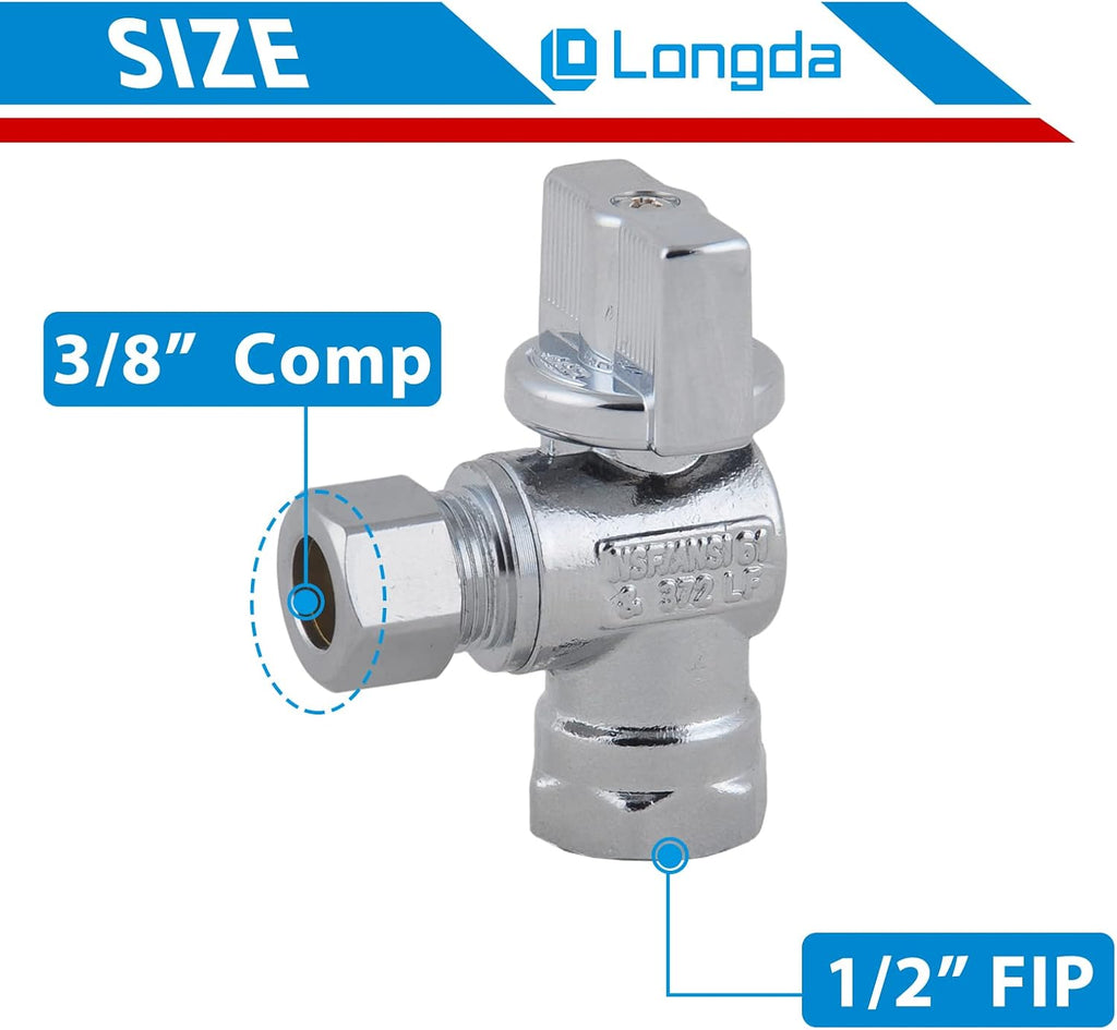 (10-Packs) Angle Stop Valve 1/2-in FIP x 3/8-in Comp, Quarter Turn Water Shut-off Ball Valve