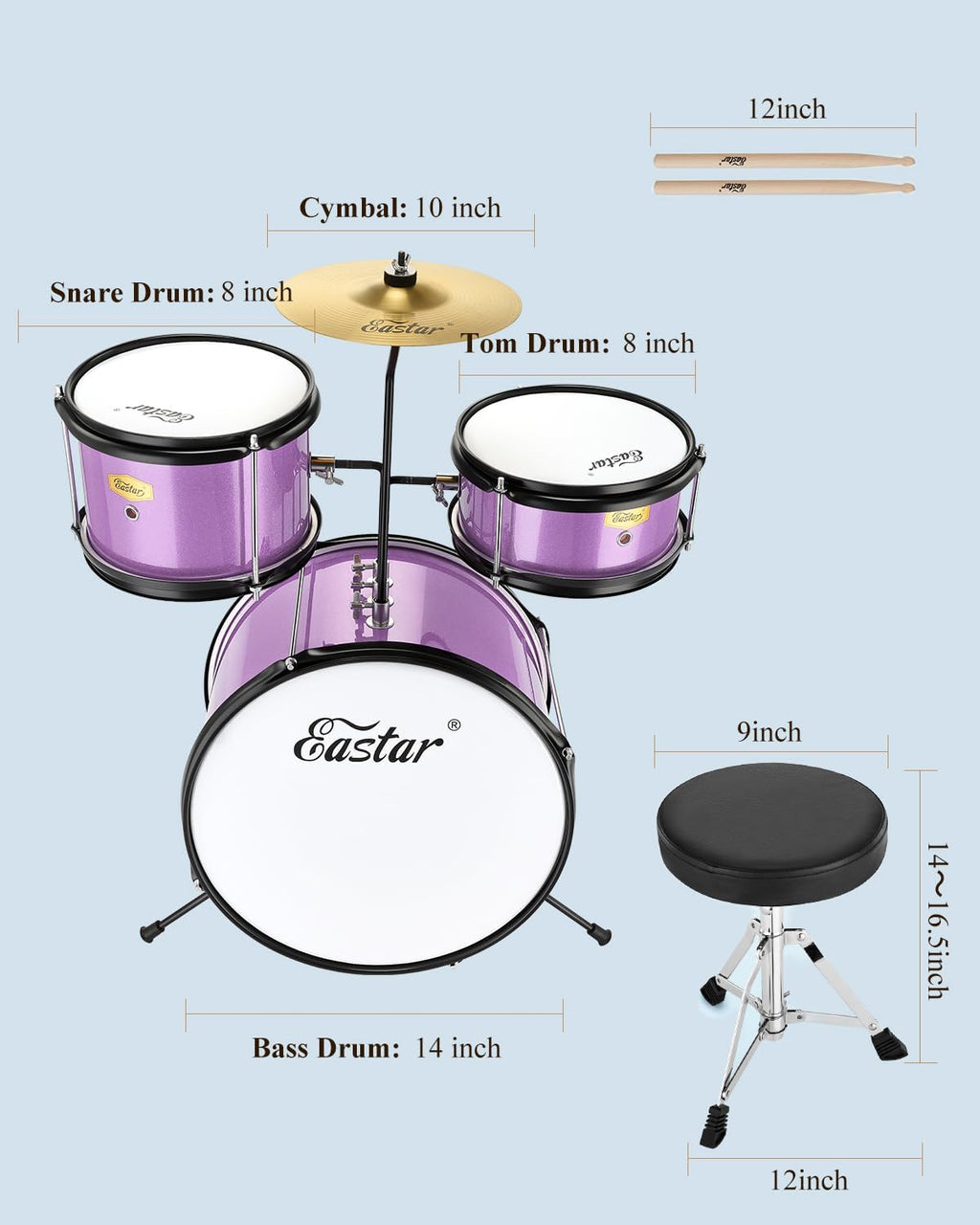 Drum Set 14 inch for Beginners,3 Piece Junior Drum Kit with Bass Tom Snare Drum,Adjustable Throne, Cymbal, Pedal &