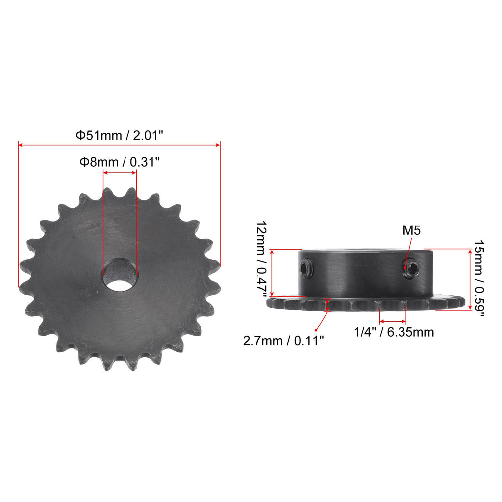 uxcell 24 Tooth Roller Sprocket B Type #25 Chain Single Strand 1/4" Pitch