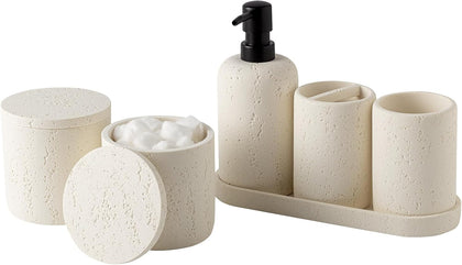 Bathroom Accessories Set,4 PCS Travertine Stone Look Collection,Cream | Modern Bath Organizer with 13.53OZ Soap