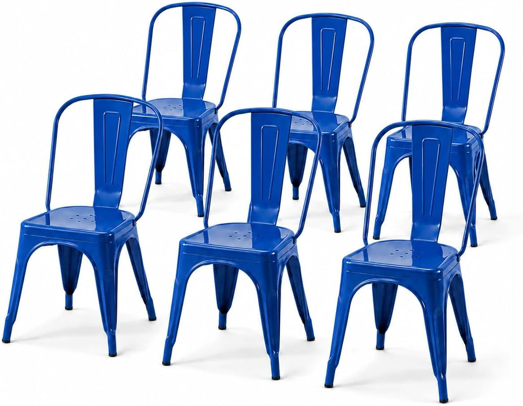 Modern Glossy Sapphire Blue Metal Dining Chairs, Set of 6
