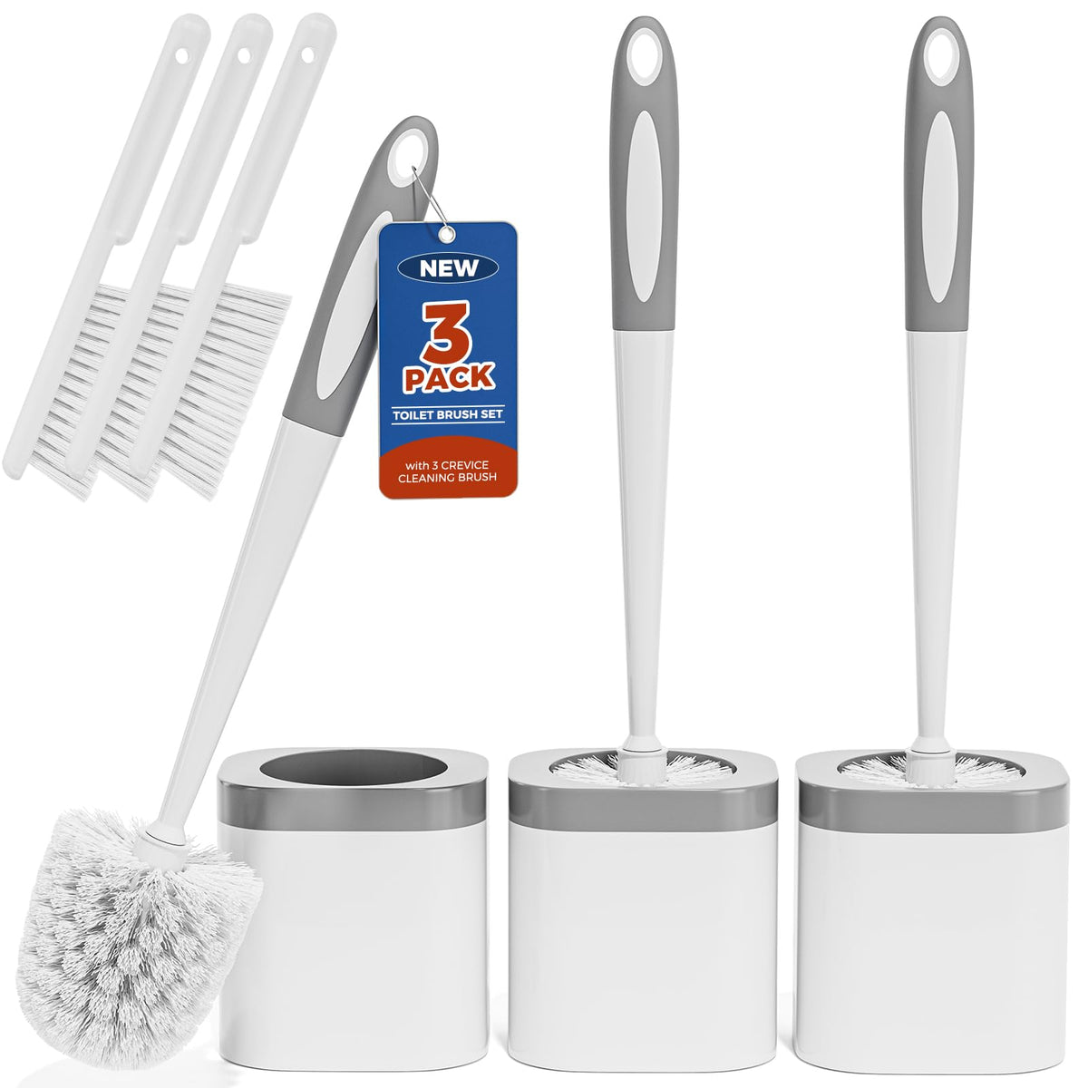 Toilet Brush and Holder Set, Space Saving, 3 Pack, White