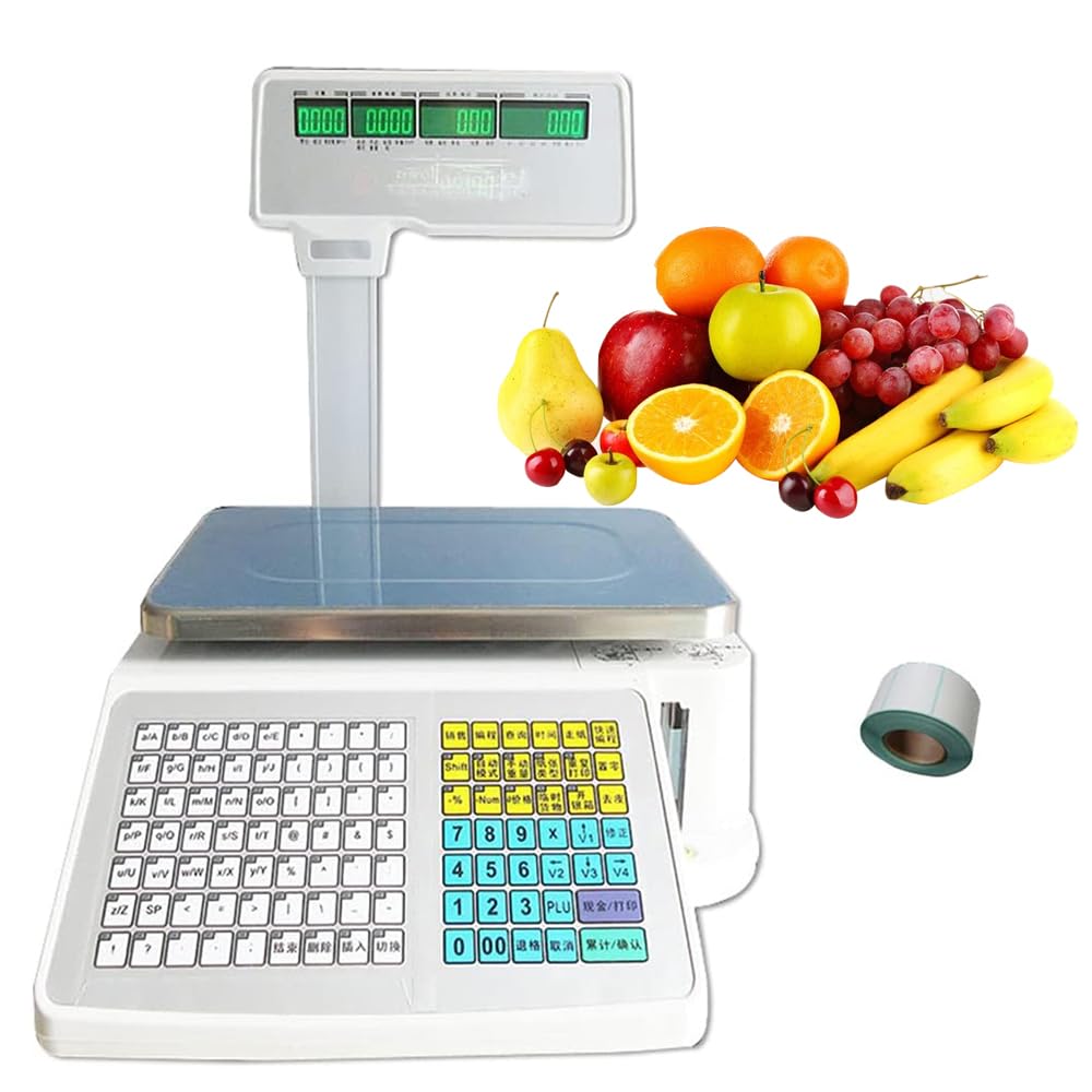 Digital Price Label Printing Scale, with 400 Sheets Thermal Label, Four-Window with Vertical Pole, Double-Sided LCD