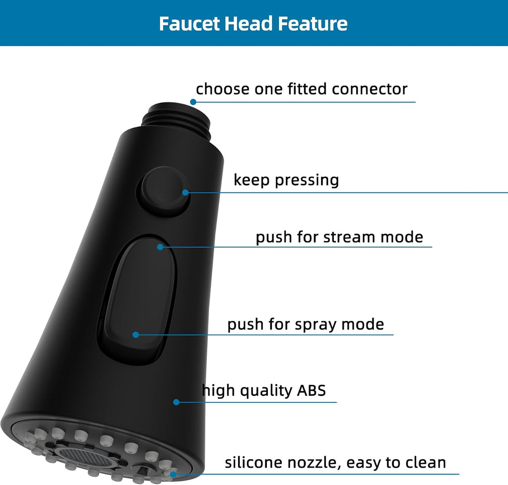Universal Kitchen Faucet Head Replacement, 3 Modes, 15 Adapter Kit, Black