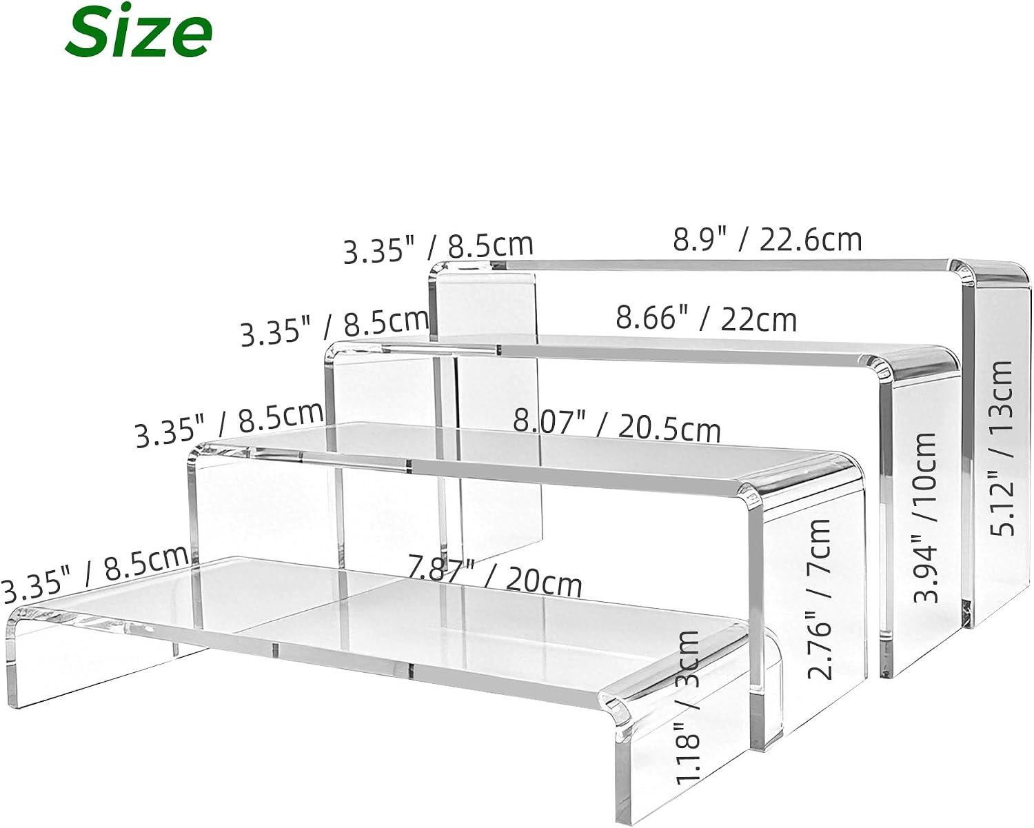 4-Pack Clear Acrylic Riser Stands – Tiered Rectangular Display Shelves for Perfume, Figures & Jewelry, 4 Graduated