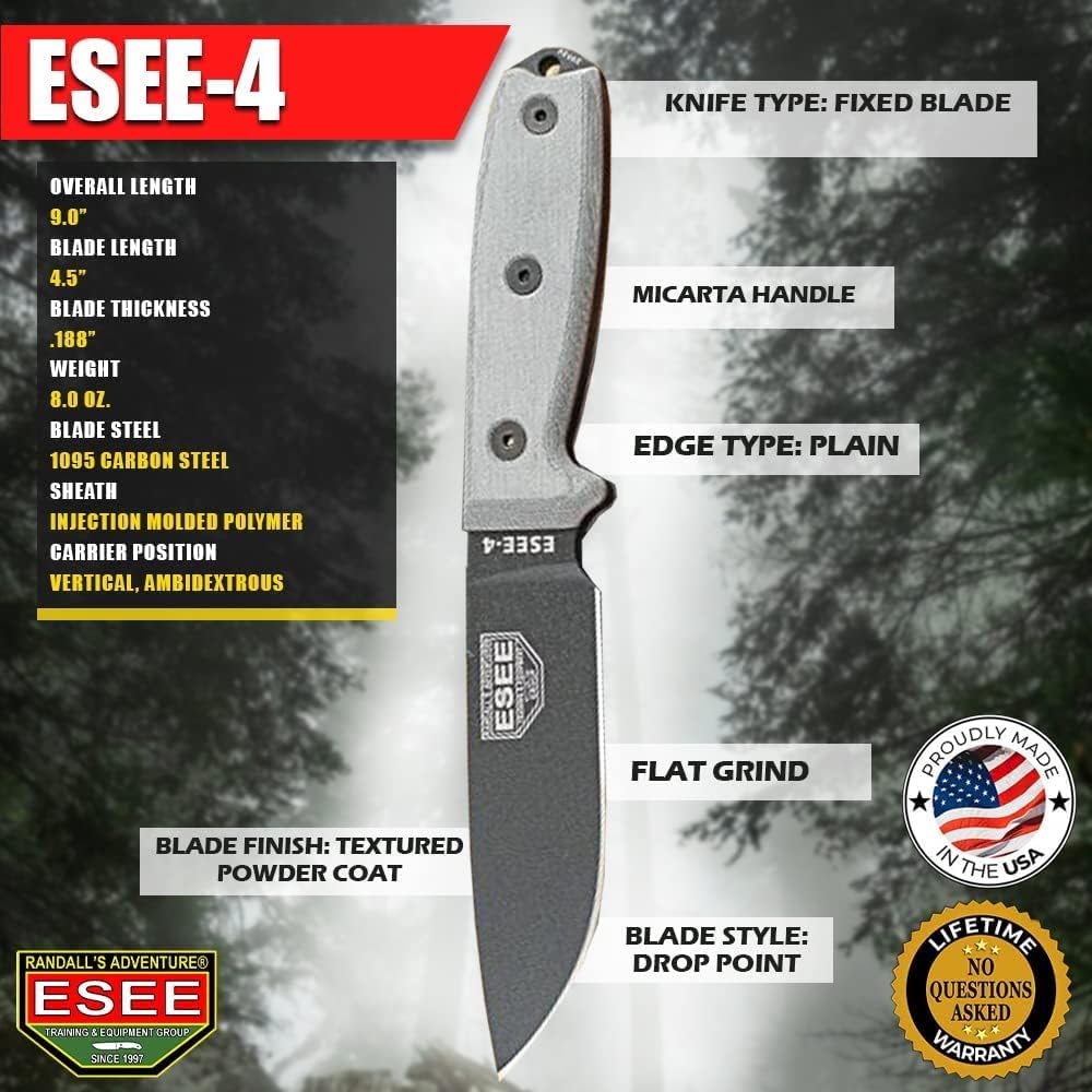 4P Survival Knife - Field Tested Fixed Blade Knife with Molded Polymer Sheath & Clip Plate, Full Tang, Plain Edge