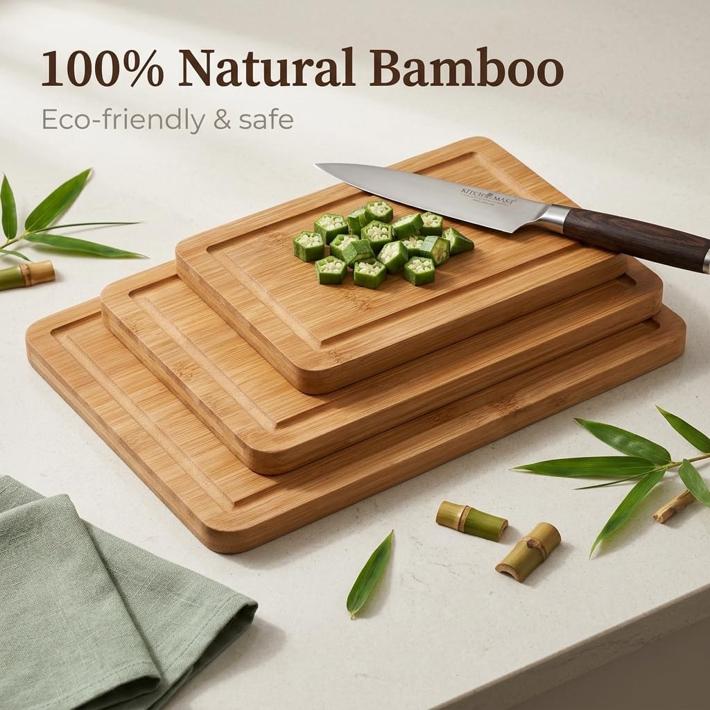 3-Piece Deep Carbonized Bamboo Cutting Board Set with Vertical Drying Stand | Wooden Chopping Boards for Kitchen |