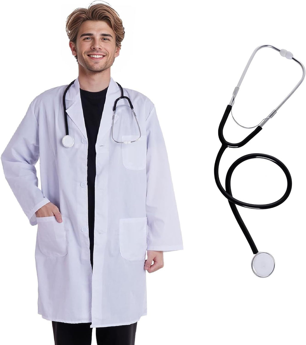 Scientist Doctor Costume Lab Coat Women Men Halloween White Long Flat Sleeve Lab Coats Accessories with Stethoscope
