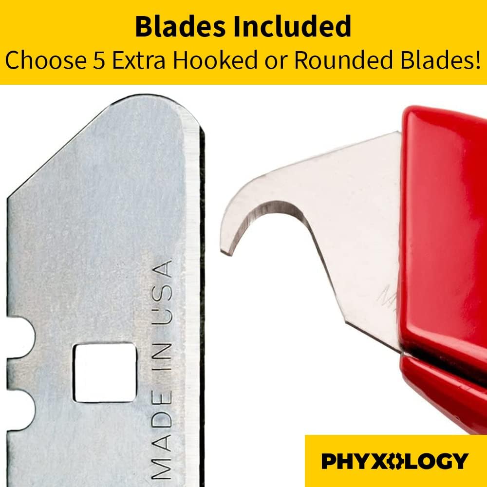 Heavy Duty Hook Blade Utility Knife with 5 Spare Refills. Sharp, Retractable Hooked Box Cutter Tool for Shingles