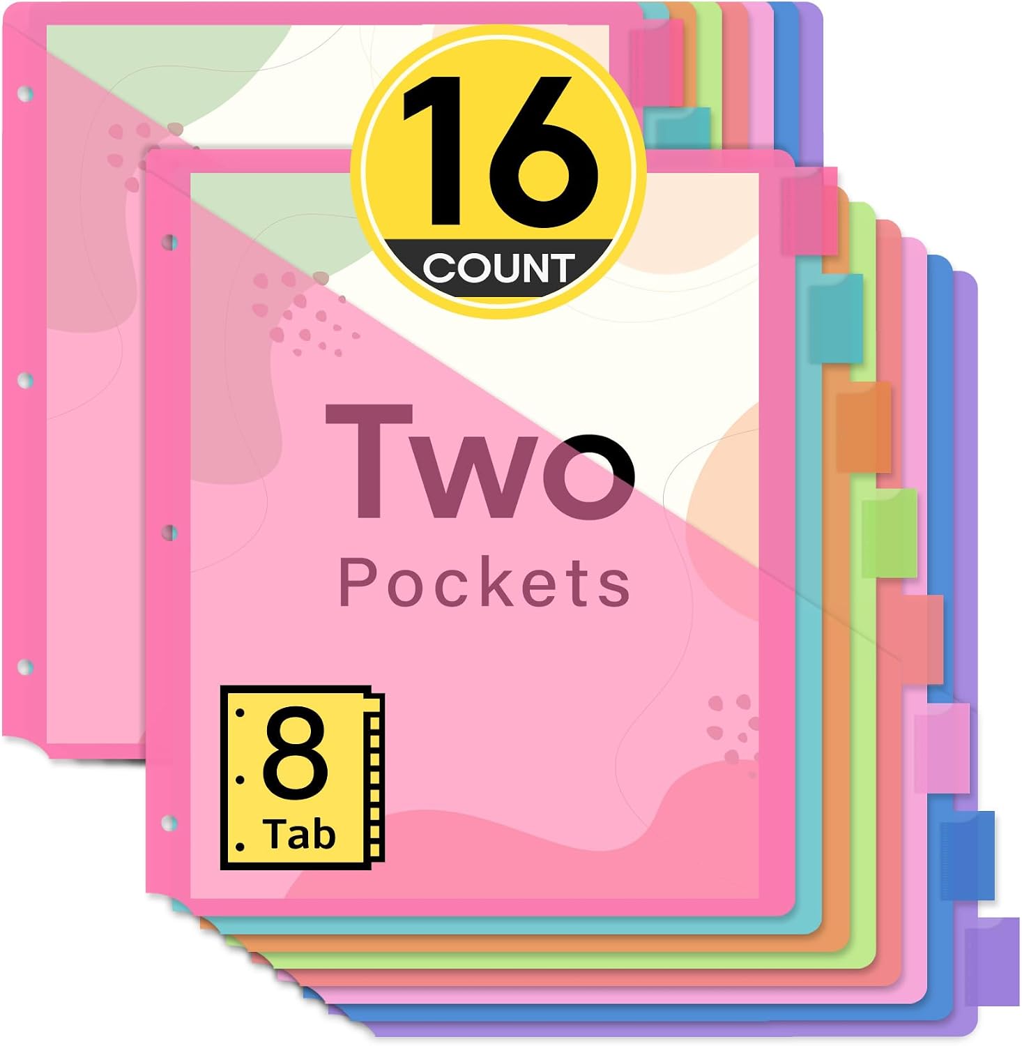 16 Count Dividers for 3 Ring Binder with Two Pockets, 8 Tabs Set | Plastic Binder Index Dividers, Perfect for Office