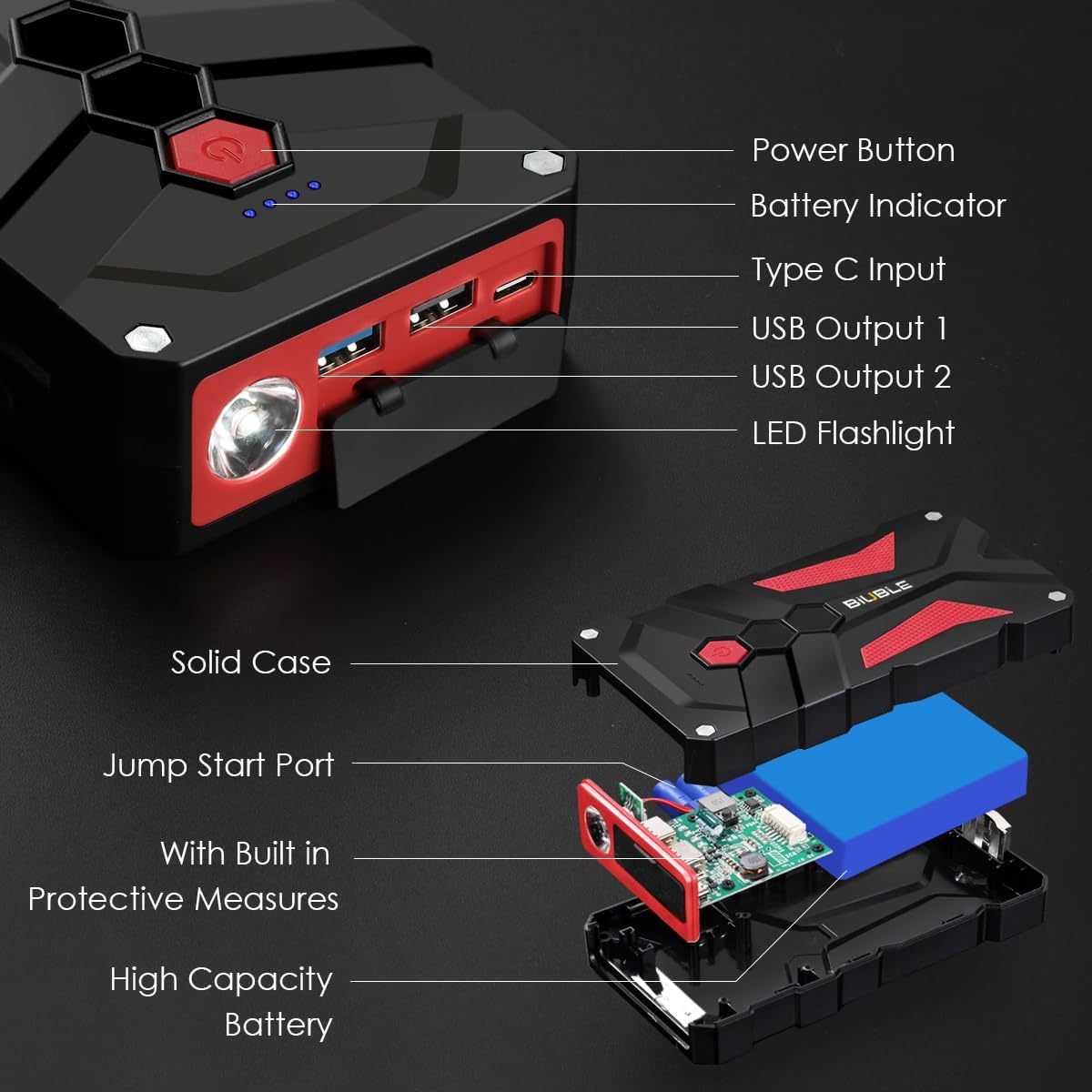 Jump Starter Car Jump Starter Auto Battery Booster Pack 5000A Peak 12V with USB-C Quick Charge,Lithium Jump Box with