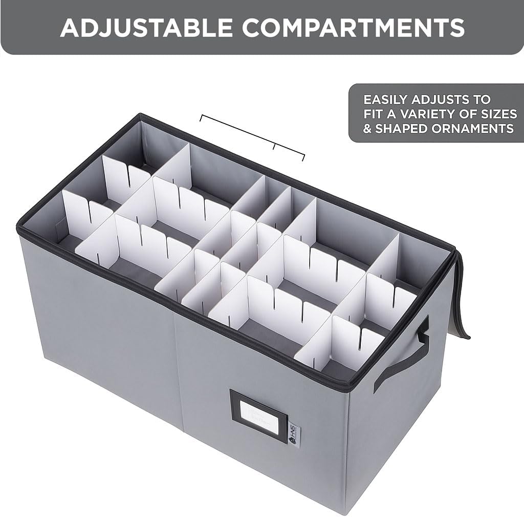 Christmas Ornament Storage Container with Dividers - Box Stores Up to 54 Ornaments, Zippered, Convenient, Adjustable
