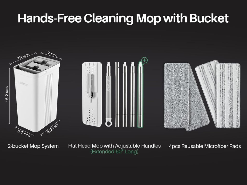 Flat Mop System, Microfiber Mop and Bucket Set, White, Commercial & Household Use, Hardwood Floor & Wall Cleaning Mop