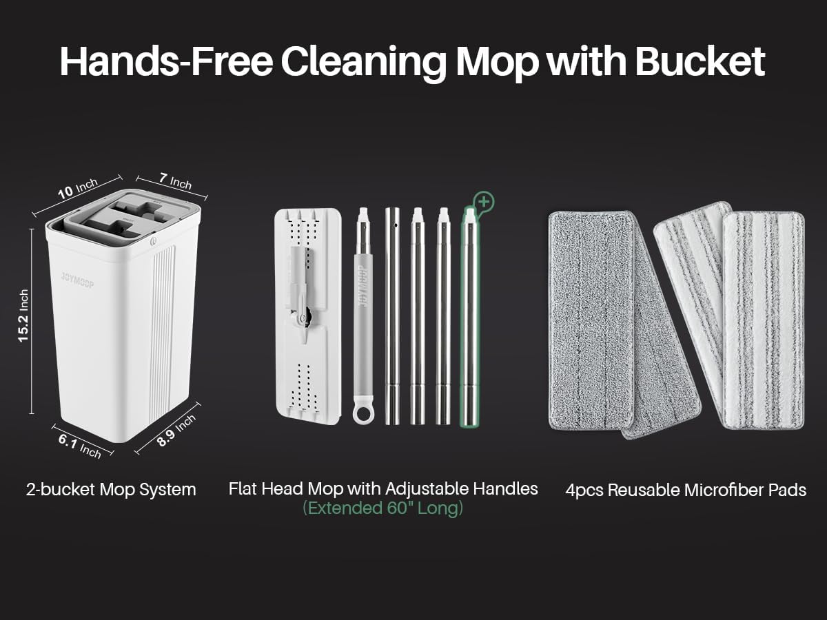 Flat Mop System, Microfiber Mop and Bucket Set, White, Commercial & Household Use, Hardwood Floor & Wall Cleaning Mop