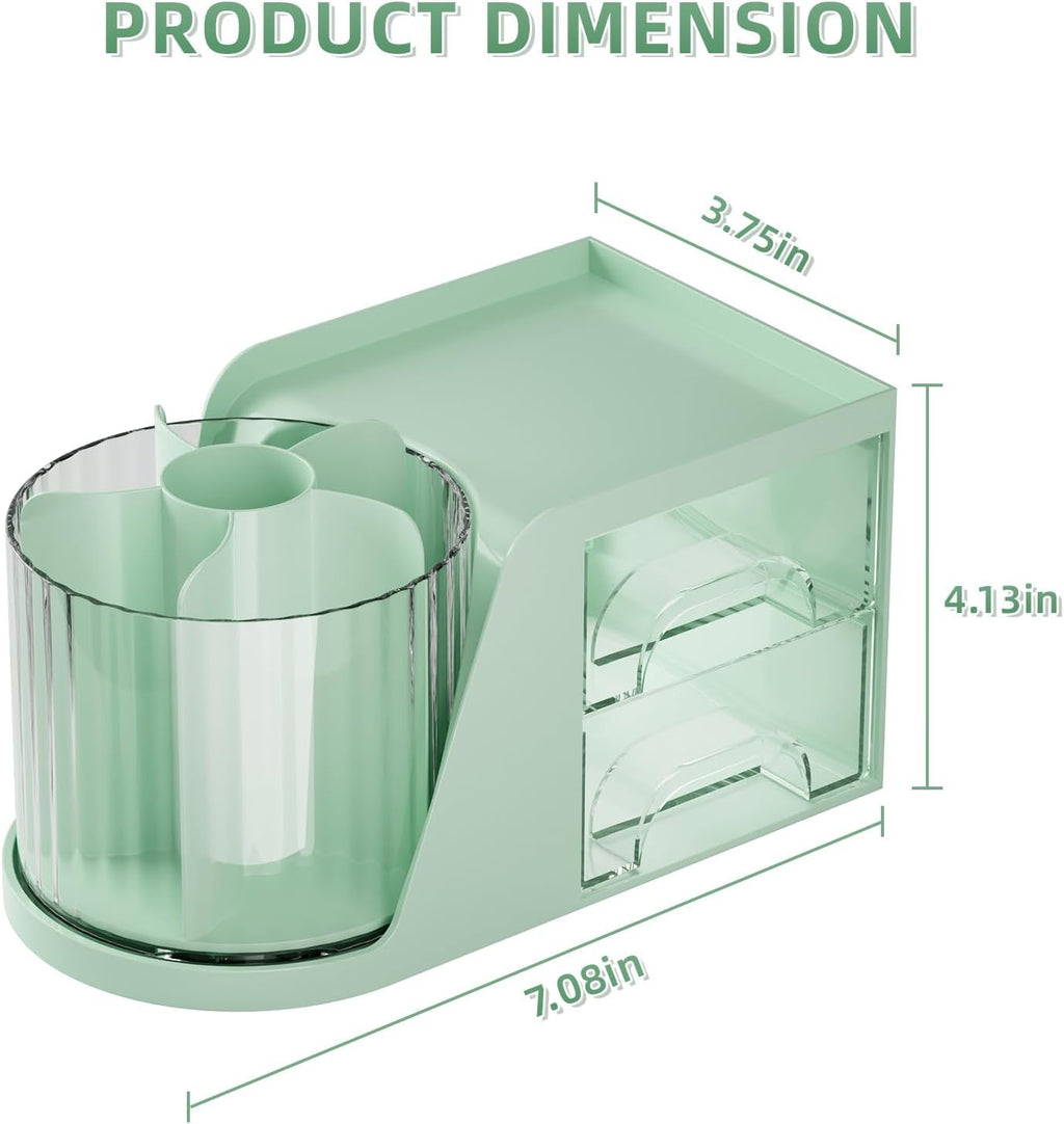 Desk Organizer with 2 Drawer, 360°Rotating Pen Holder, Desk Organizers and Accessories with 6 Slots Pencil Holder + 2