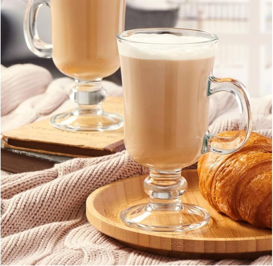 Irish Coffee Mugs Set of 2, 8 oz Glass Hot Beverage Mugs with Handle, Footed Hot Toddy, Cappuccino & Hot Chocolate