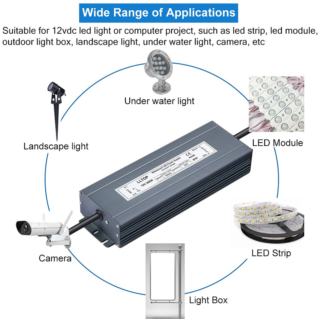 LLTOP 12V DC LED Driver Waterproof IP67 Power Supply 300W 25A