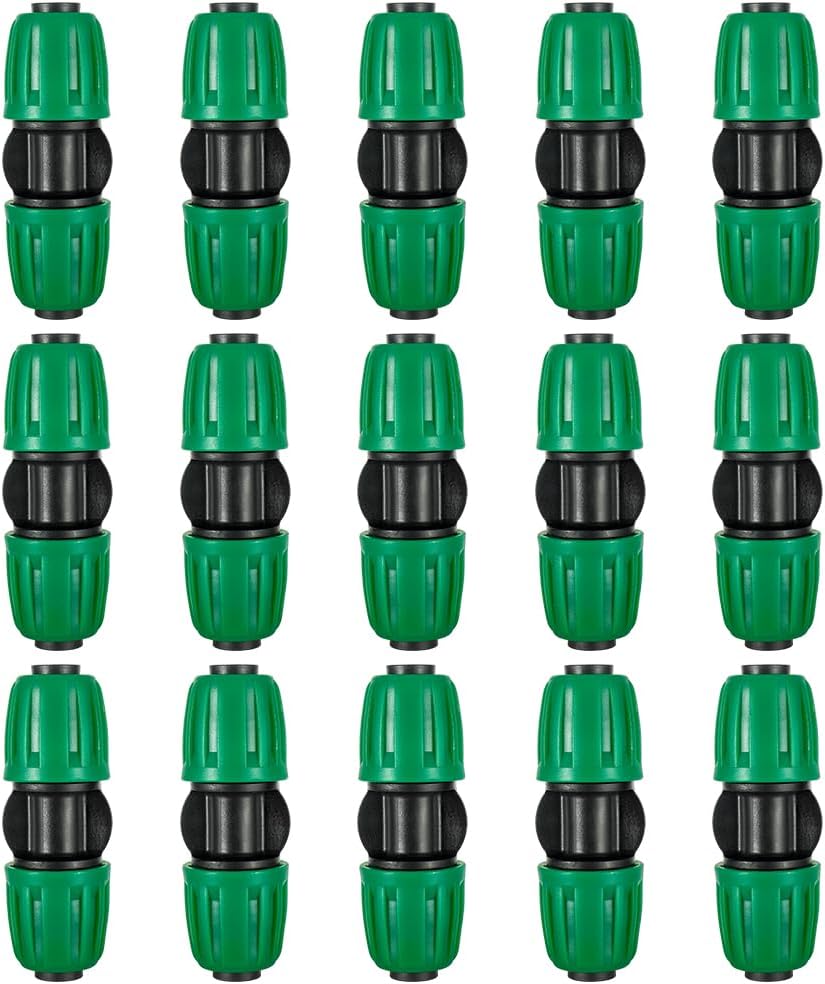 15 Pack 1/2 Inch Irrigation Tubing Couplers, Barbed Connectors Compatible with 1/2" ID 0.60-0.65" OD Thin-Wall Drip Line, Anti-Leak Lock Nut Fittings for Greenhouse, Lawn & Raised Bed Watering