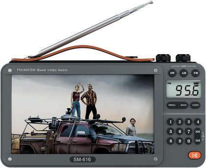 720P 7Inch Screen AM FM Movie Video Radio with Bluetooth Speaker, Rechargeable Digital Shortwave MP3 MP4 Player