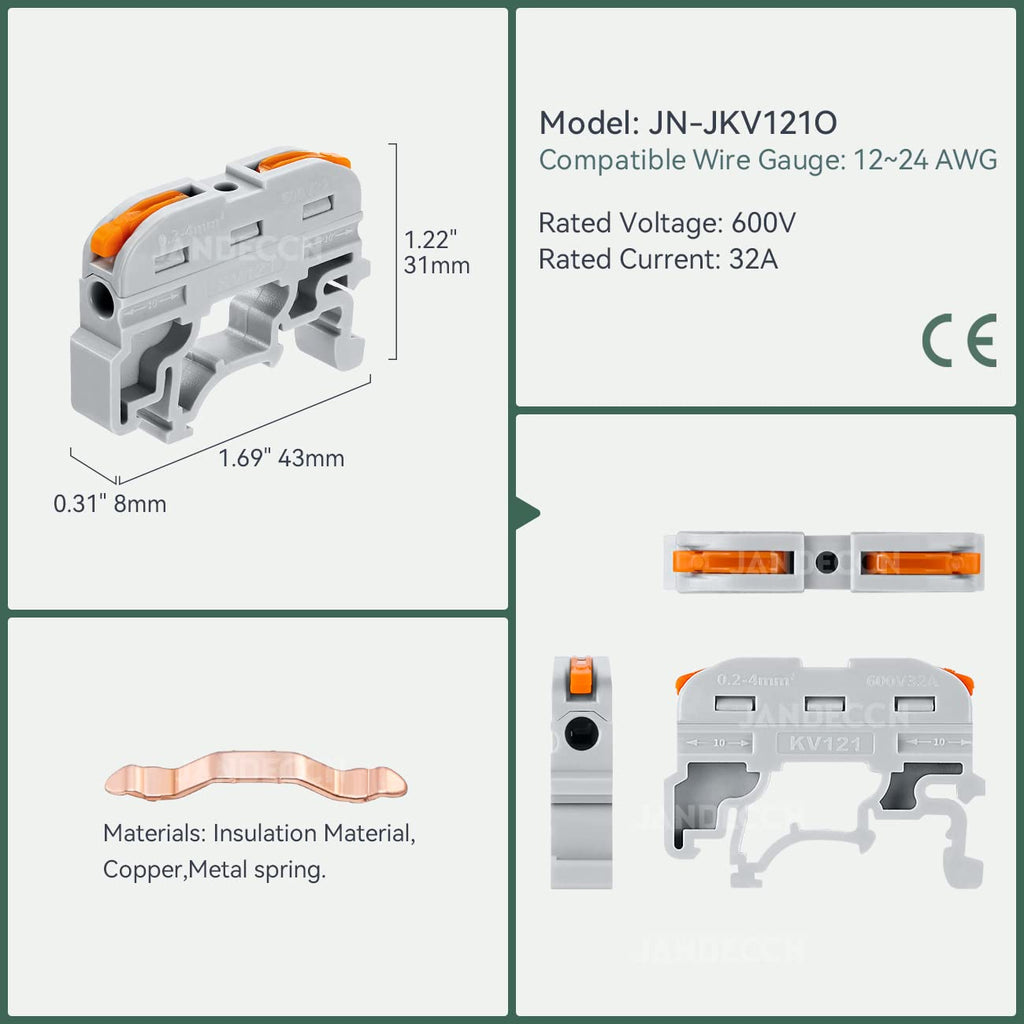 50 Pack DIN Rail Terminal Blocks 24-12 AWG DIY Wire Connectors