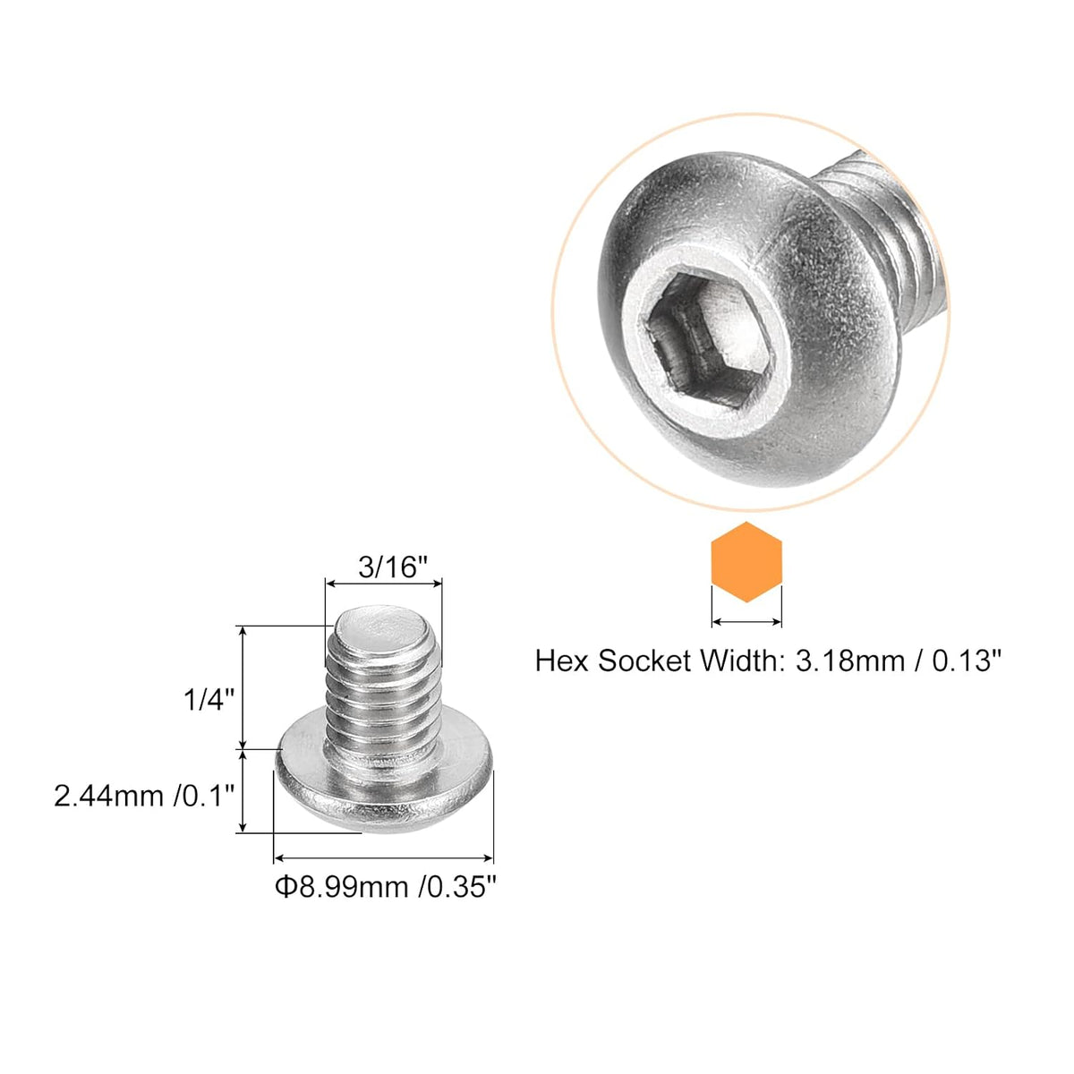 uxcell #10-32x1/4 Button Head Socket Screws, 10pcs Full Thread Hex Drive