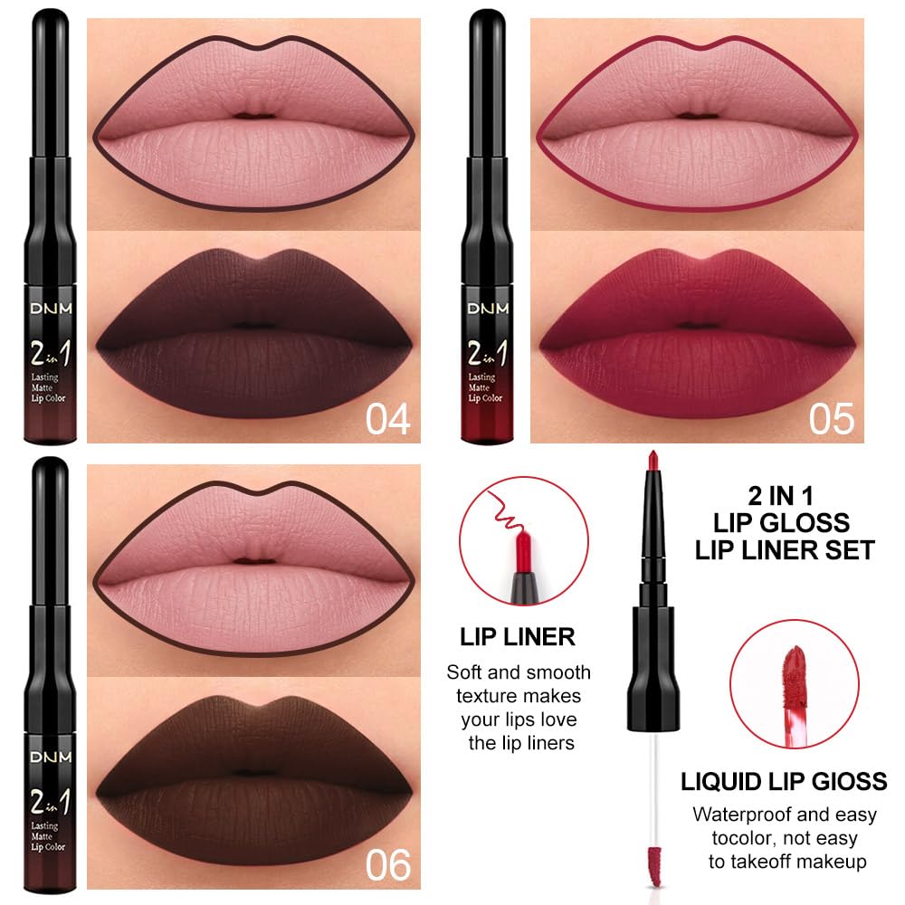 3Pcs Dark Brown Ruby Deep Red Matte Lip Liner Pencil and Liquid Lipstick Sets for Women Long Lasting Waterproof, 24