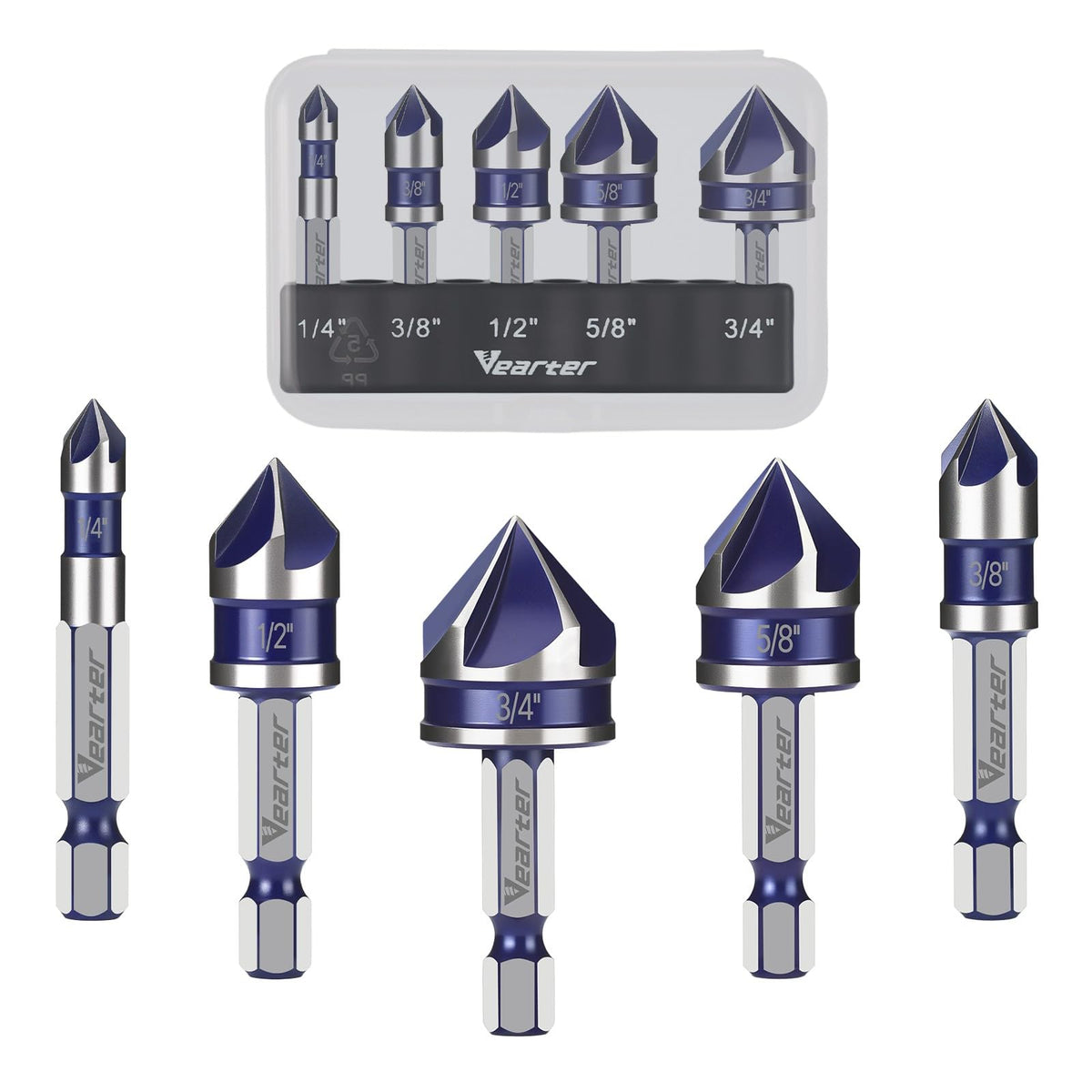 Vearter 1/4'' to 3/4'' Countersink Drill Bit Set 5PCS with 1/4" Hex Shank