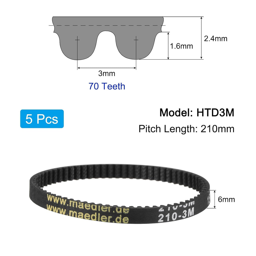 uxcell 5pcs HTD-3M Rubber Timing Belt 70 Teeth, 210mm L x 6mm Wd x 2.4mm H
