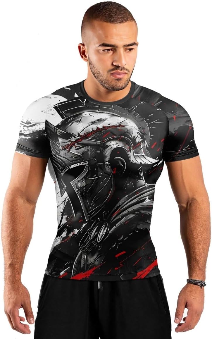 Spartan Warrior Men's Rash Guard Shirts Short Sleeve, Baselayer Compression Shirt for Jiu Jitsu MMA
