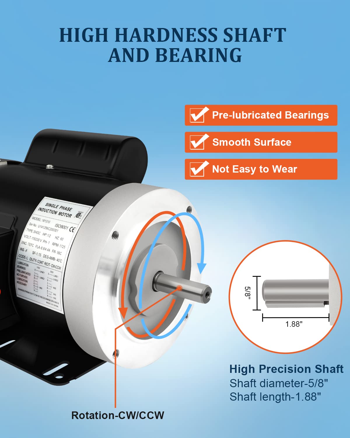1/2HP Electric Motor Single Phase,1750RPM, 5/8" Shaft Diameter CW/CCW, TEFC 60HZ 115/230V General Purpose Motor