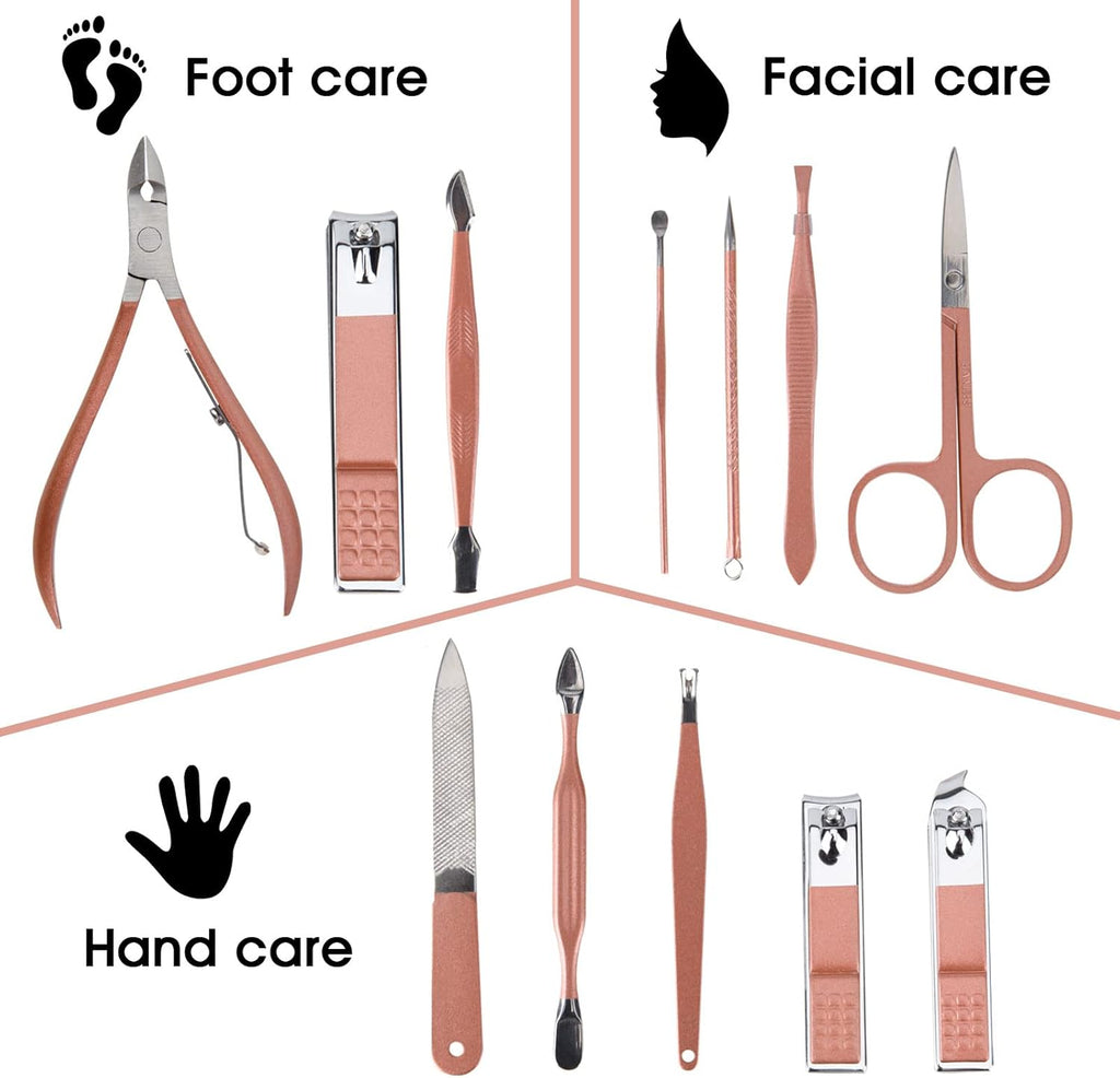 Nail Clippers & Beauty Tool Portable Set, Rose Gold Manicure Set, 12 in 1. | Martensitic Stainless Steel, Pink