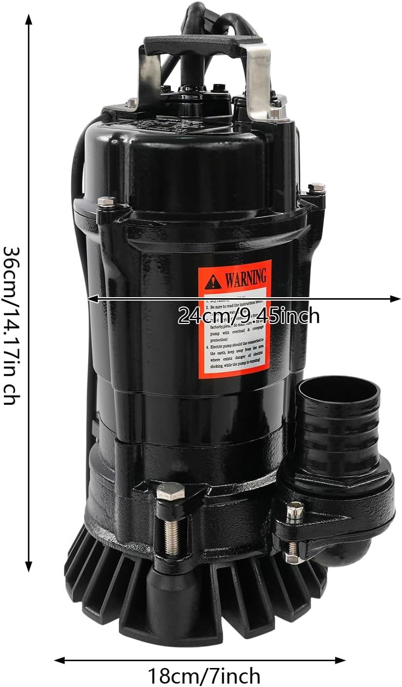 Sewage Pump, 1 HP Submersible Trash Pump 5019 GPH, 3420 RPM, 110V Effluent Pumps for Dirty Water, 59 ft Max Lift for