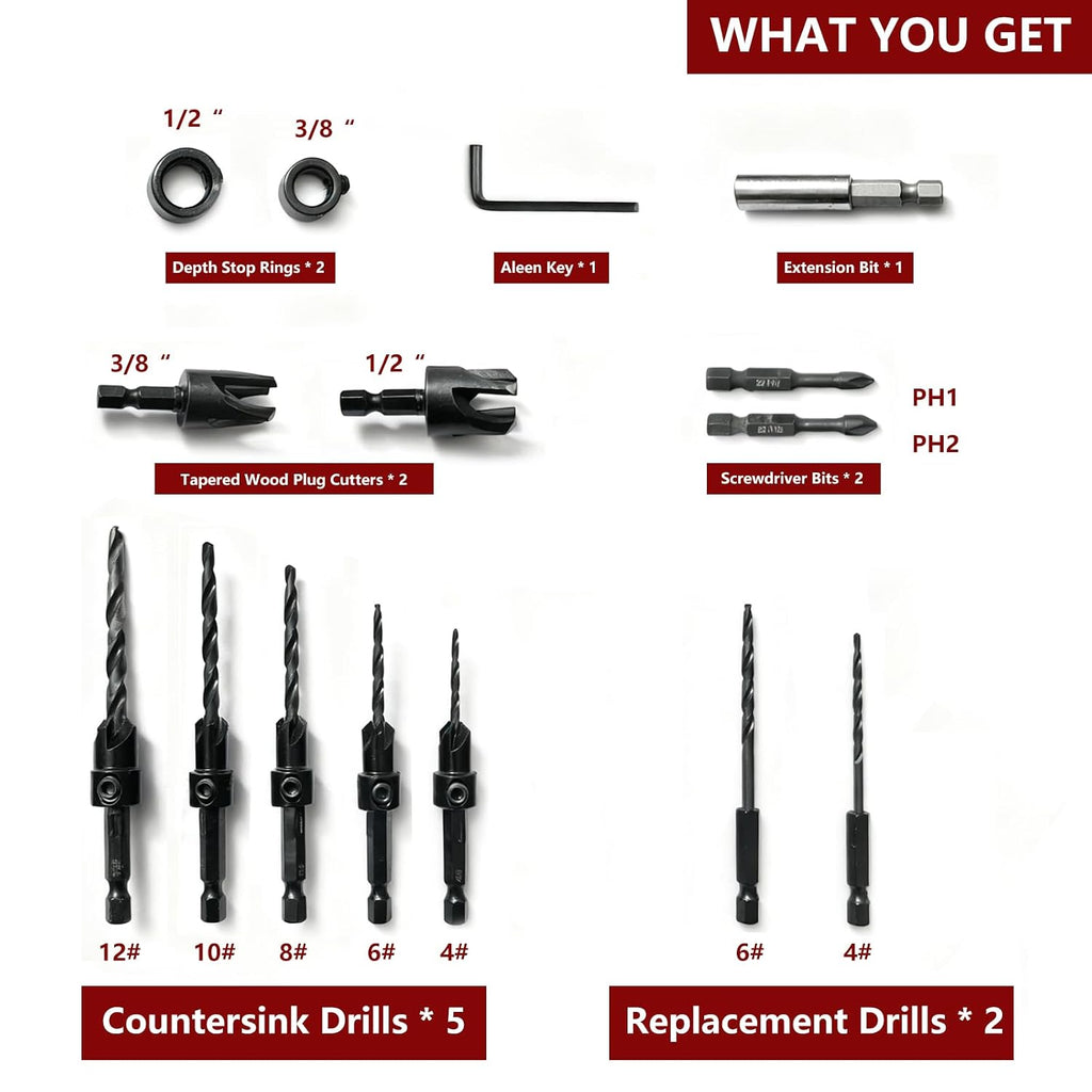 15-Piece Countersink Drill Bit Set, with 2PC Wood Plug Cutters