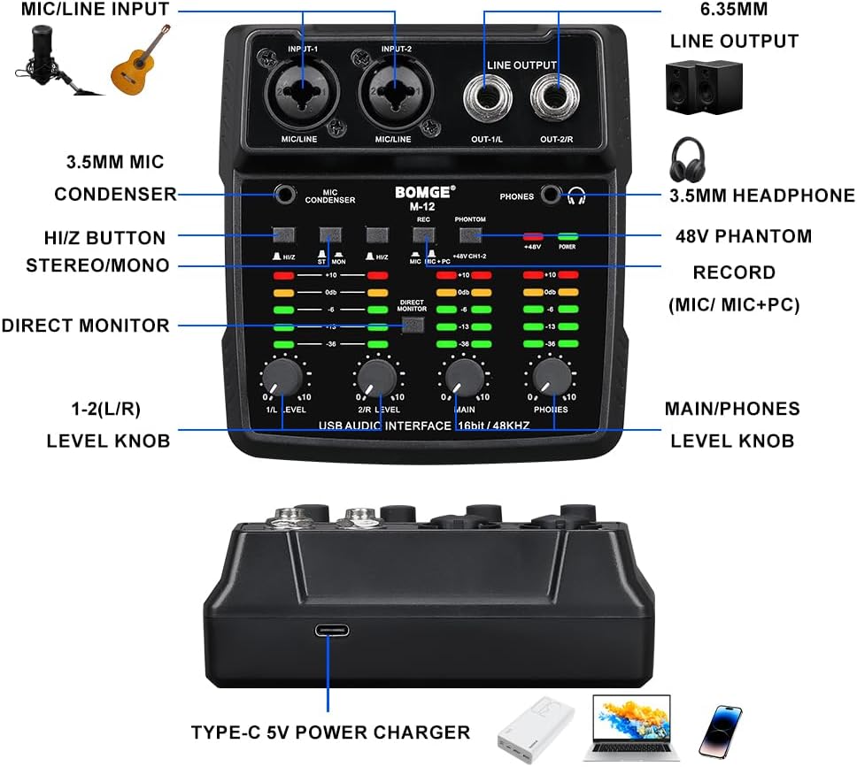 M12 USB Audio Interface, 2-Channel Mixer, XLR/3.5mm Input, 48V Power Supply, Sound Card for PC Recording, Studio