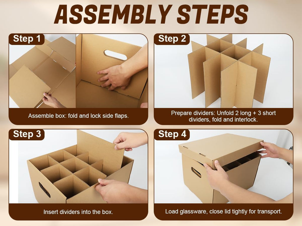 Wine Glass Moving Boxes with Dividers, 2 Pack Glassware Dish Moving Kit, 24 Honeycomb Paper Sleeves Included, Heavy