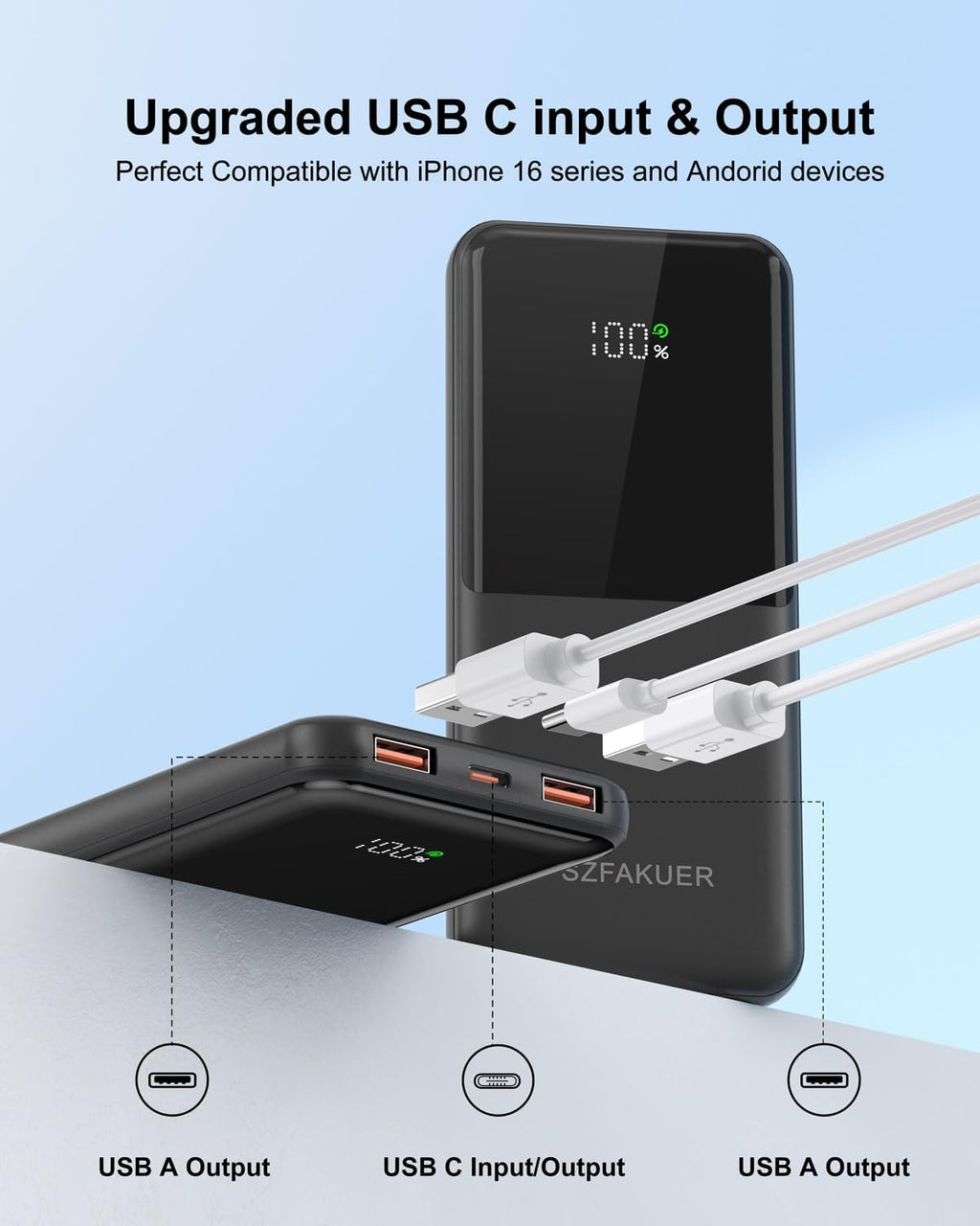Portable Charger,Slim 10000mAh Power Bank,22.5W USB-C Fast Charging Battery Pack Compatible with iPhone