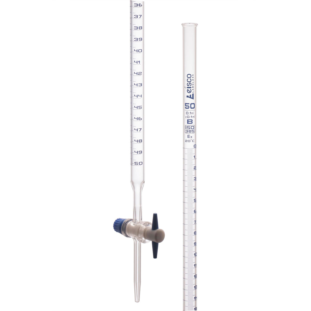 Burette, 50mL - Class B - with PTFE Stopcock - Blue Graduations - Borosilicate Glass